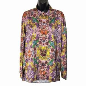 NUVULA DUCHESS SATIN BLOUSE ART NOUVEAU RETRO PSYCHEDELIC PRINT BOHO COLORFUL L